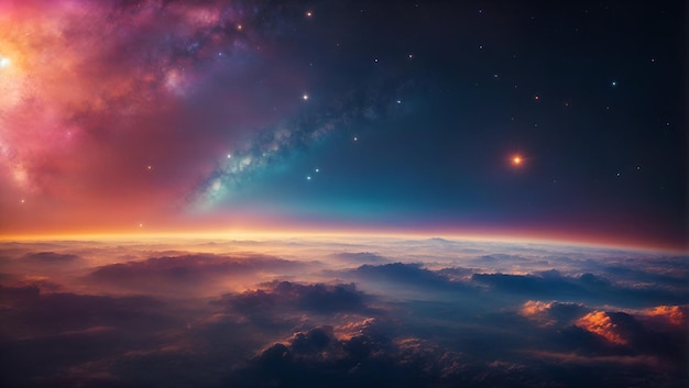 A majestic view of a sunrise from the depths of space with a vibrant array of colors and stars