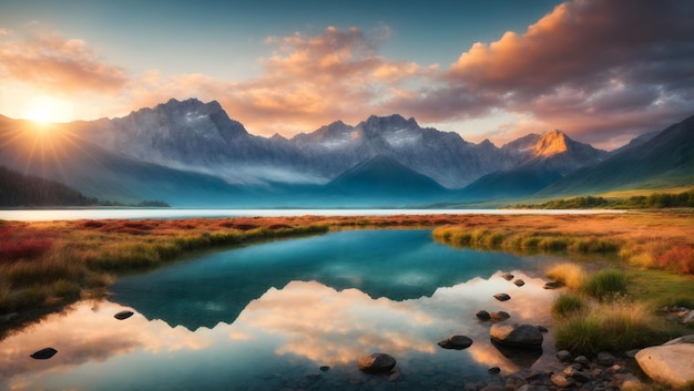 majestic views of the lake and mountains background