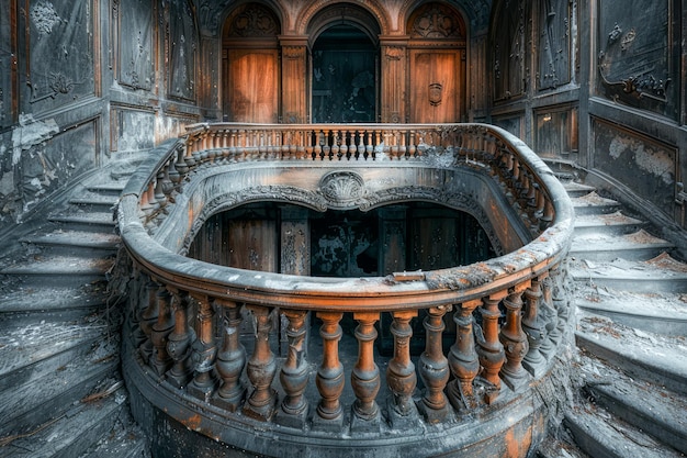 Majestic Vintage Spiral Staircase in An Abandoned Building With Ornate Banisters and Eerie Charm