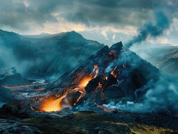 Photo majestic volcano erupting with fiery force