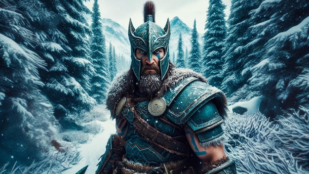 Majestic Warrior in Snowy Wilderness Fantasy Armor Intense Gaze