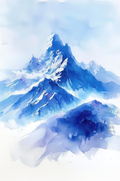 Majestic watercolor mountain peak with shades of blue