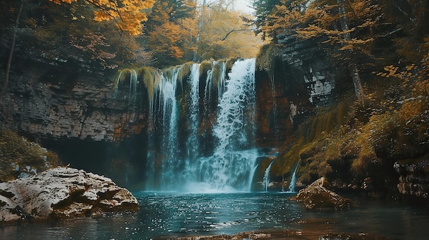 Majestic Waterfall in Autumnal Forest