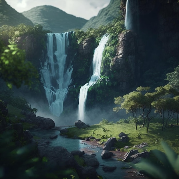 A majestic waterfall cascades down a lush green mountainside Generative AI