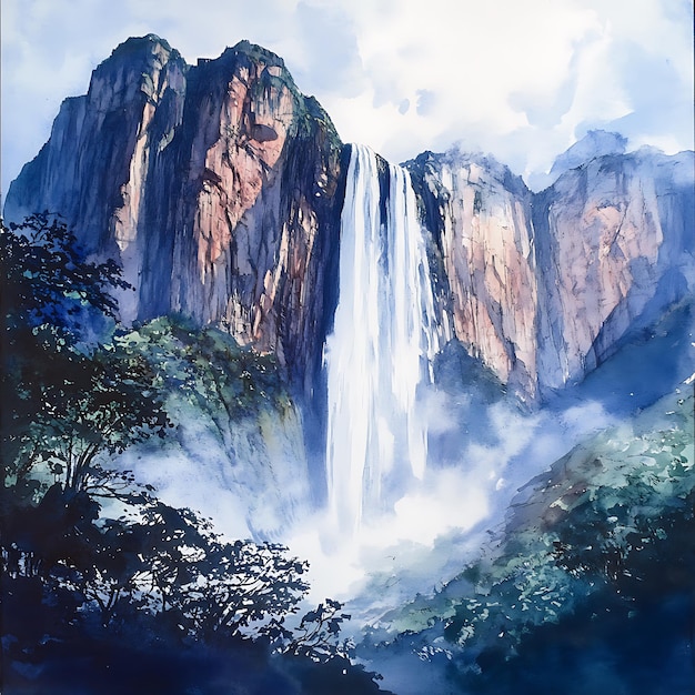 Photo majestic waterfall cascading down a cliff in a watercolor painting