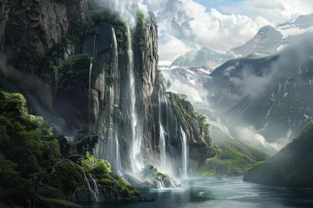 Photo majestic waterfall cascading down a lush mountainside