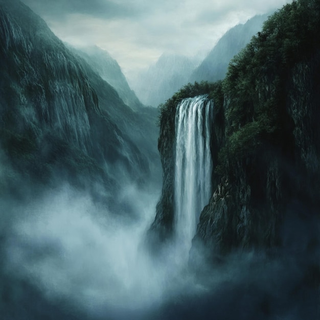 Photo majestic waterfall cascading down a misty mountainside