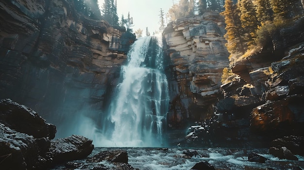 A majestic waterfall cascading down rocky cliffs into a pool below