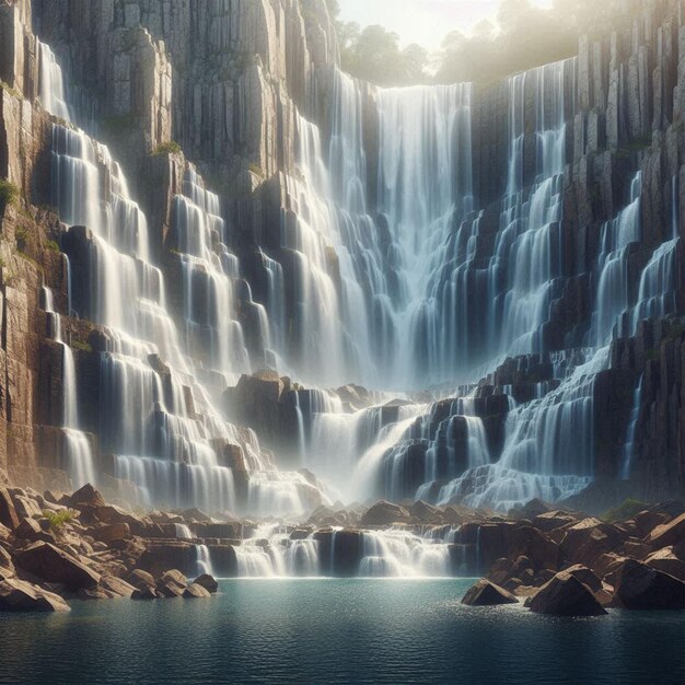 Photo majestic waterfall cascading down rocky ledges with sparkling clear water