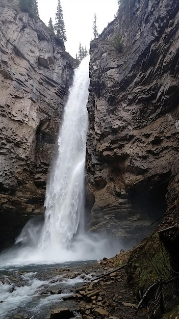 A majestic waterfall cascading down rugged cliffs