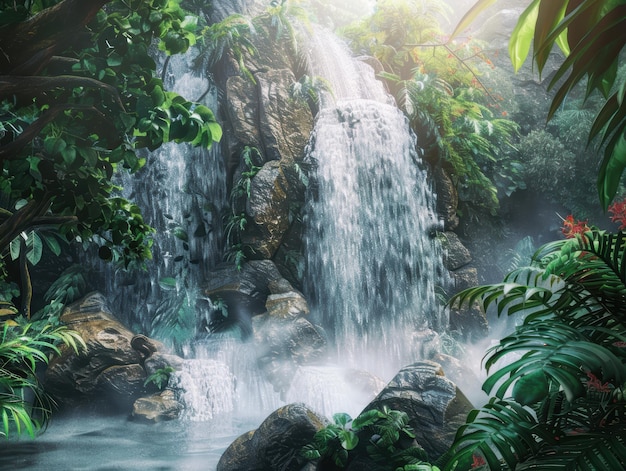 A majestic waterfall cascading over rocks surrounded by lush greenery and forested cliffs