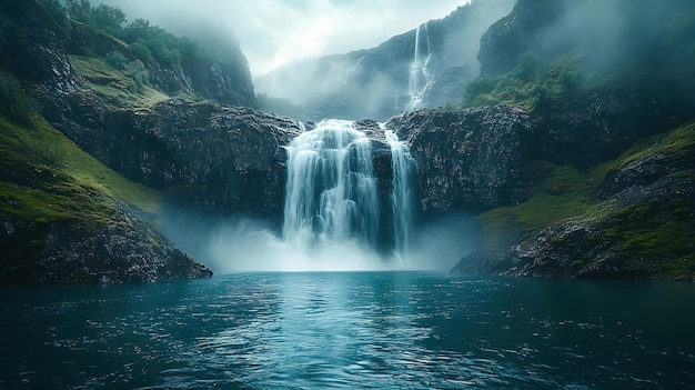 Photo a majestic waterfall cascading over a rocky cliff into a misty turquoise pool surrounded by moody skies