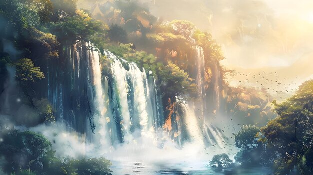 Majestic Waterfall Cascading Through Lush Greenery in Serene Landscape Artwork