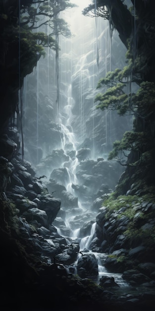 Majestic Waterfall In Dark Forest Mahiro Maeda Inspired Concept Art