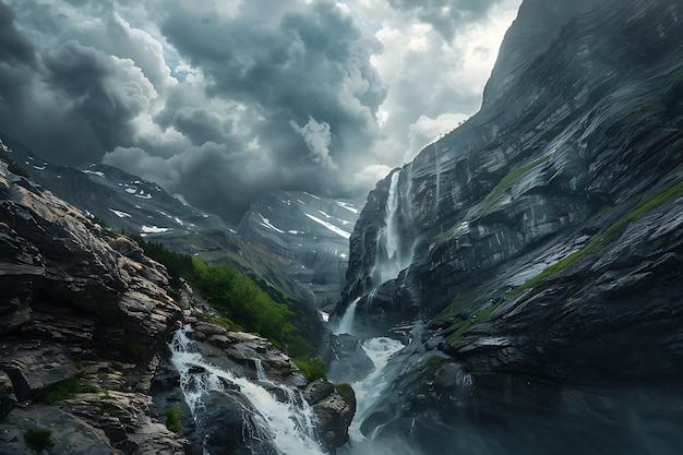 Majestic Waterfall in Dramatic Mountain Landscape