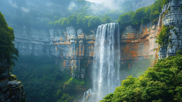 Majestic Waterfall in a Lush Green Canyon