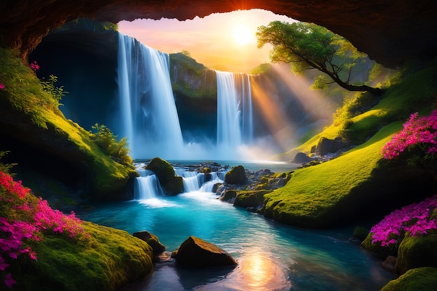 majestic waterfall in the mountain forest serene sunrise at mountain waterfall wallpaper