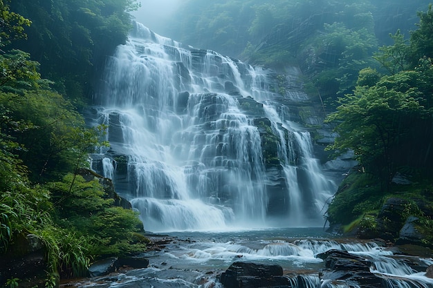 Majestic Waterfall Surrounded by Lush Greenery A Natural Wonder Cascading through the Scenic Forest