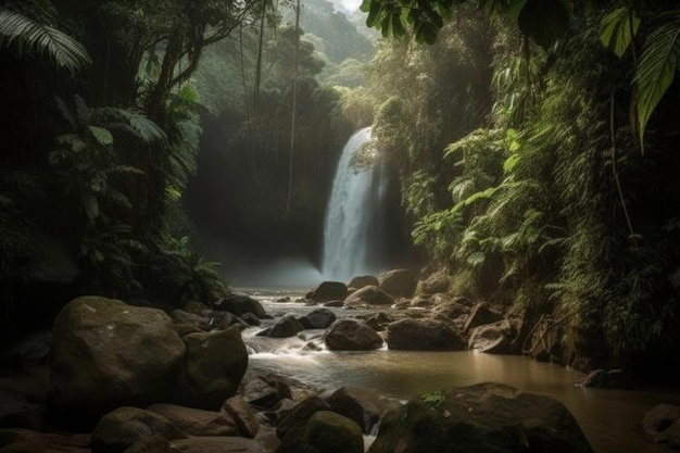 Majestic waterfall surrounded by lush greenery in tropical jungle created with generative ai