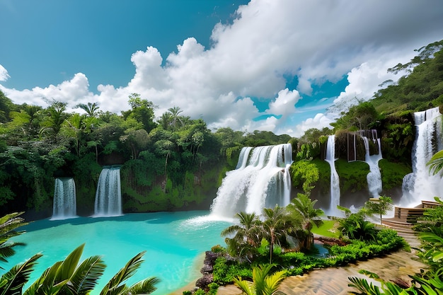 Majestic Waterfall in Tropical Forest Landscape