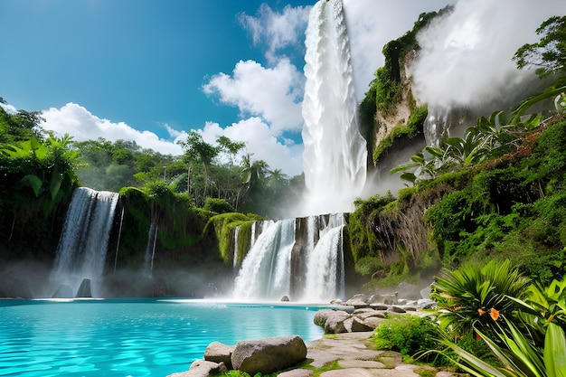 Majestic Waterfall in Tropical Forest Landscape