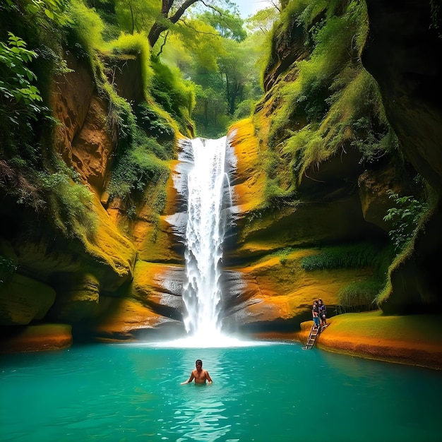 Photo majestic waterfall in a tropical forest with lush greenery and clear waters