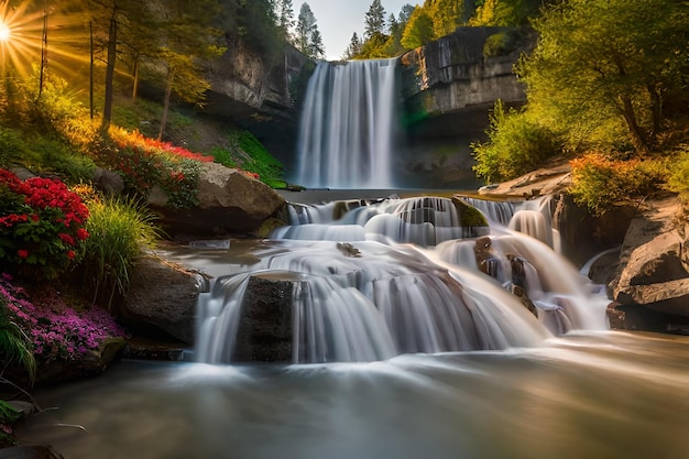 Majestic waterfall view Cascading water spectacle Natural wonder display Breathtaking waterfall