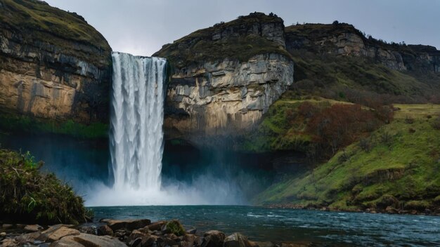 Majestic waterfall with blue waters surrounded by rocky cliffs and greenery