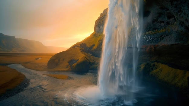 Majestic Waterfall With Large Body of Water