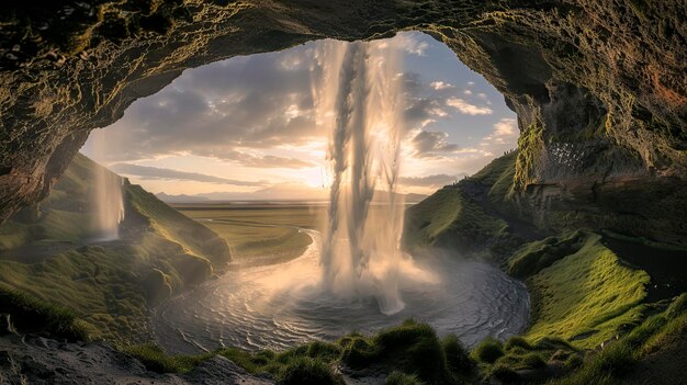 Majestic Waterfall With Large Body of Water