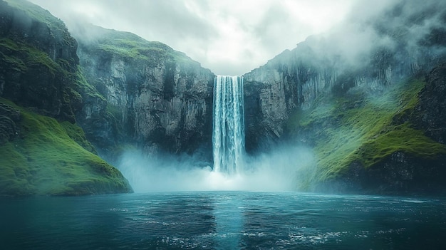 Photo a majestic waterfall with powerful waves of turquoise water meeting towering rock formations with cloudy background