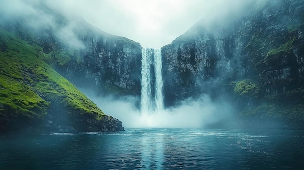 A majestic waterfall with powerful waves of turquoise water meeting towering rock formations with cloudy background