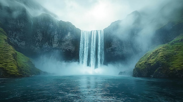 Photo a majestic waterfall with powerful waves of turquoise water meeting towering rock formations with cloudy background