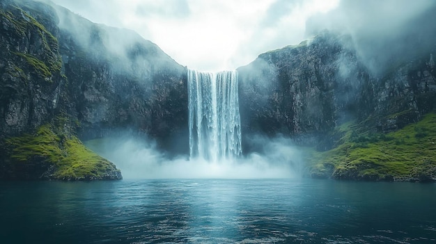 A majestic waterfall with powerful waves of turquoise water meeting towering rock formations with cloudy background