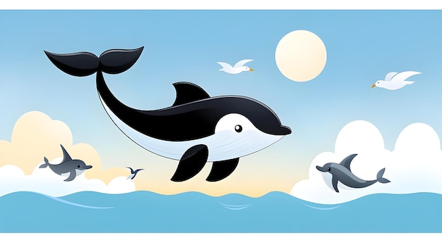 Majestic Whale Breaching the Ocean Surrounded by Playful Dolphins and Seagulls in a Cartoon Style