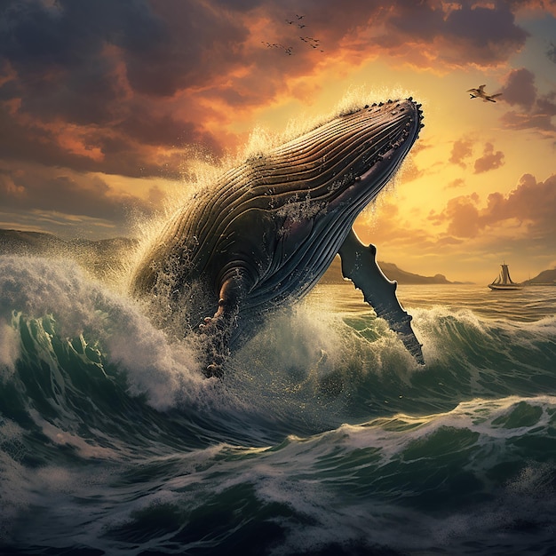 A majestic whale humming amid violent waves