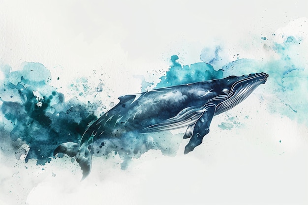 Majestic Whale Swimming in Deep Ocean Surrounded by Watercolor Waves on White Background