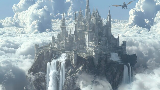 A majestic white castle sits atop a cloudcovered mountain with two waterfalls cascading down its sides A dragon flies overhead