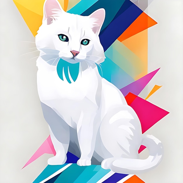 A majestic white cat lounging against a minimalist geometric flat background