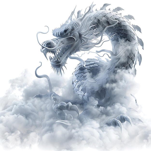 A majestic white dragon soars through the clouds its scales shimmering in the sunlight