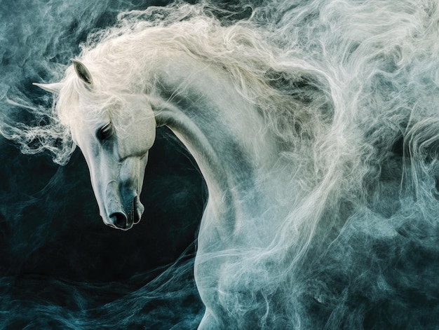 Photo majestic white horse in ethereal smoke dreamy and mystical equine art photography