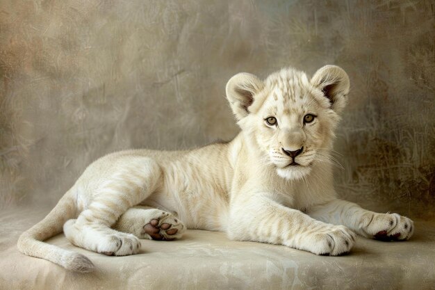 Majestic white lion cub resting elegantly