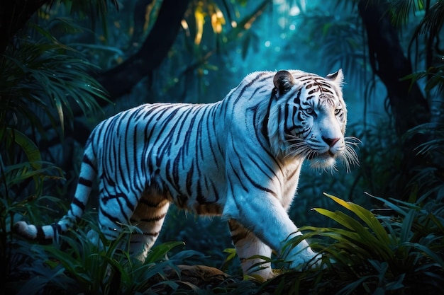 Majestic White Tiger in a Lush Forest