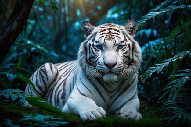 Majestic White Tiger in a Lush Forest