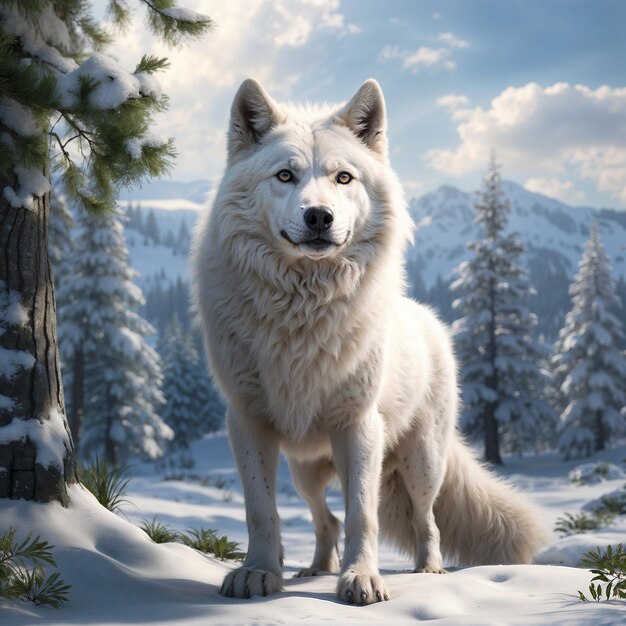 Majestic White Wolf in Snowy Landscape