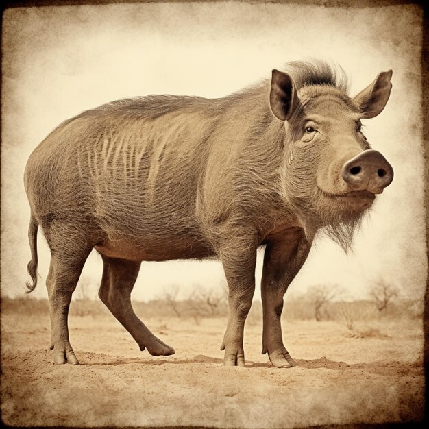 A majestic wild boar stands proudly in a natural landscape showcasing its impressive physique against a vintage backdrop