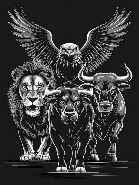 a majestic winged eagle a fierce lion and a muscular bull