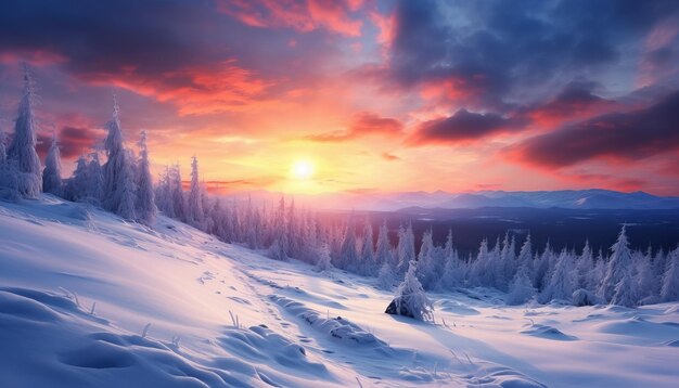 Majestic winter landscape colorful sky glowing by sunlight