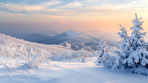 Majestic Winter Landscape of Sniezka Mountain in Poland Snowy Scenery with Clear Blue Sky