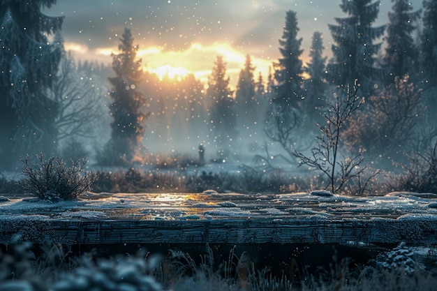 Majestic Winter Sunrise with Snow Covered Landscape and Mist Rising Between Forest Trees